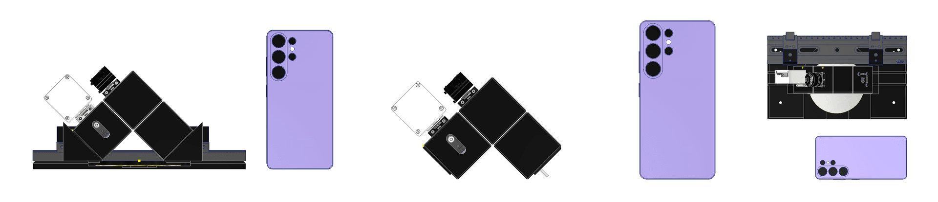 The sensor unit is 141 × 50 × 105 mm, and 250 × 150 × 116 mm with the stage. The phone is shown for scale.